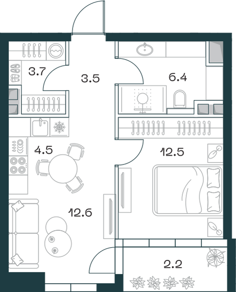 Планировка: 2-комнатная квартира, 45,4 м²