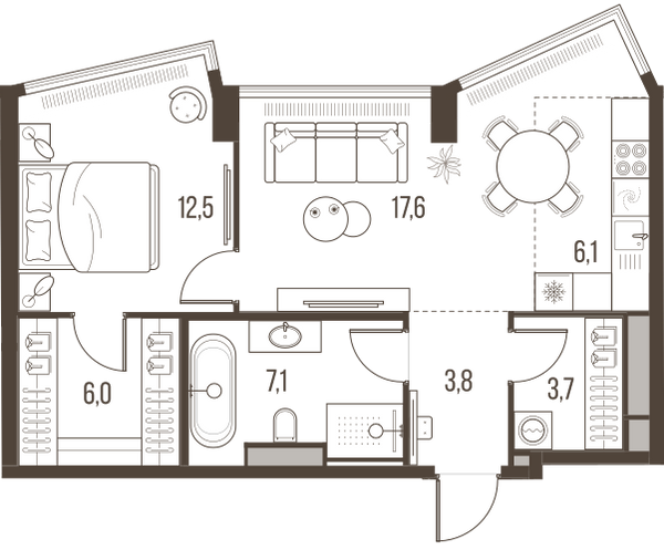 Планировка: 2-комнатная квартира, 56,8 м²