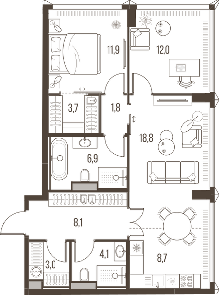 Планировка: 3-комнатная квартира, 79,0 м²