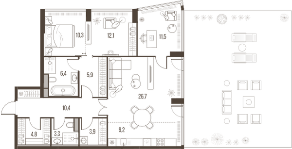 Планировка: 3-комнатная квартира, 129,0 м²