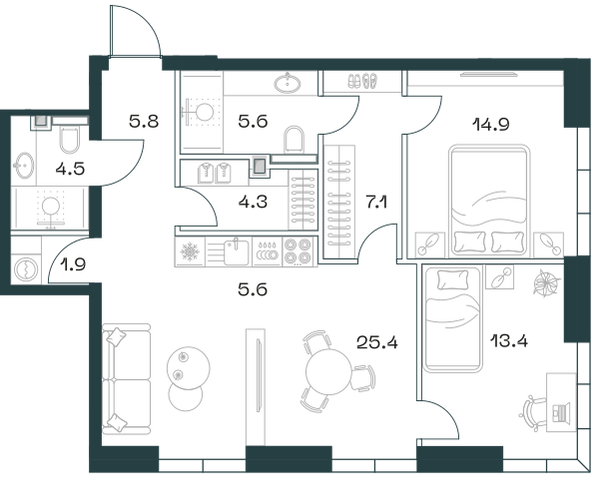 Планировка: 3-комнатная квартира, 88,3 м²