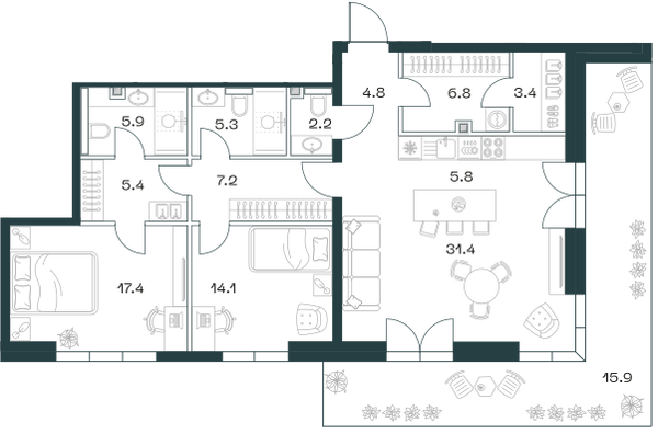 Планировка: 3-комнатная квартира, 125,8 м²