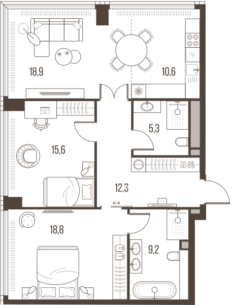 Планировка: 3-комнатная квартира, 90,7 м²