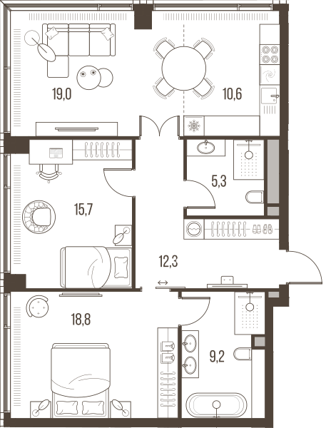 Планировка: 3-комнатная квартира, 90,9 м²