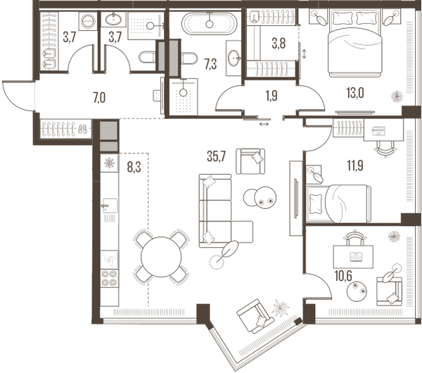 Планировка: 4-комнатная квартира, 106,9 м²