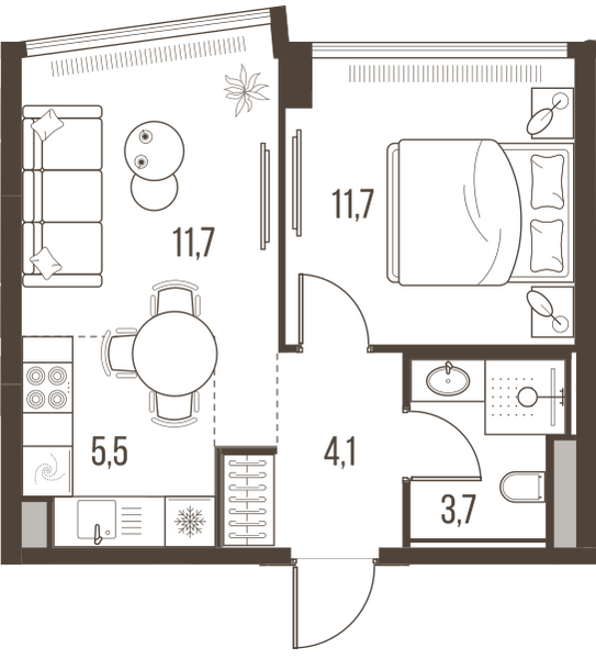 Планировка: 2-комнатная квартира, 36,7 м²