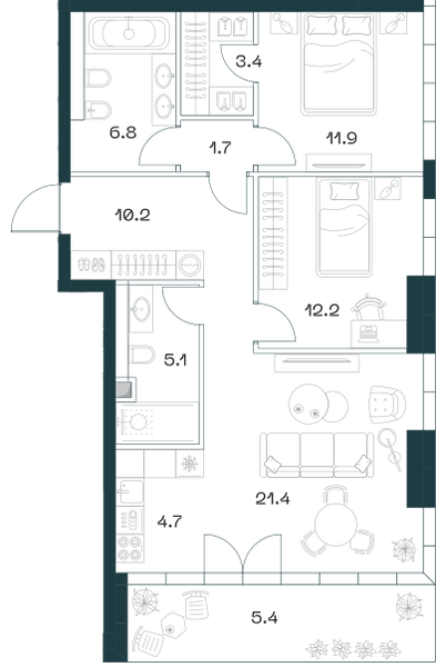 Планировка: 3-комнатная квартира, 82,6 м²