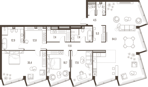 Планировка: 4-комнатная квартира, 223,2 м²