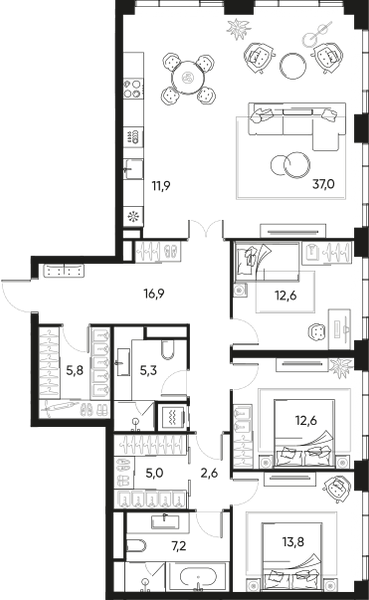 Планировка: 4-комнатная квартира, 131,2 м²