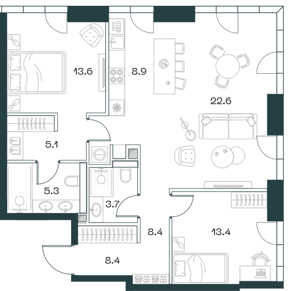 Планировка: 3-комнатная квартира, 90,3 м²