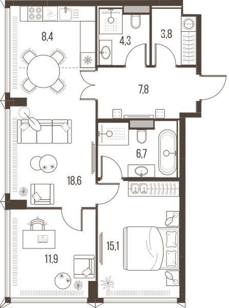 Планировка: 3-комнатная квартира, 76,6 м²