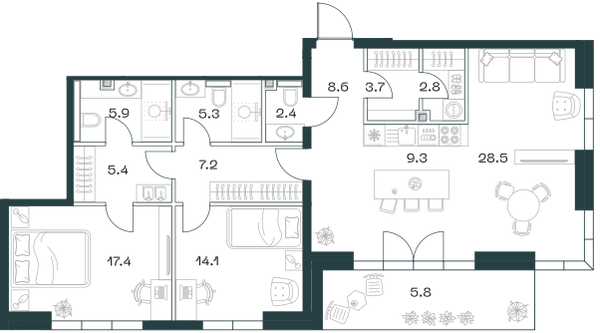 Планировка: 3-комнатная квартира, 116,4 м²