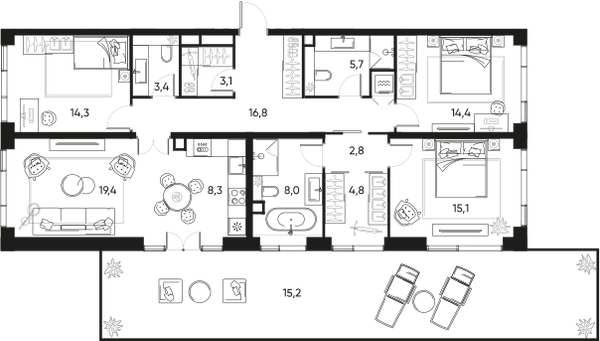 Планировка: 4-комнатная квартира, 119,0 м²