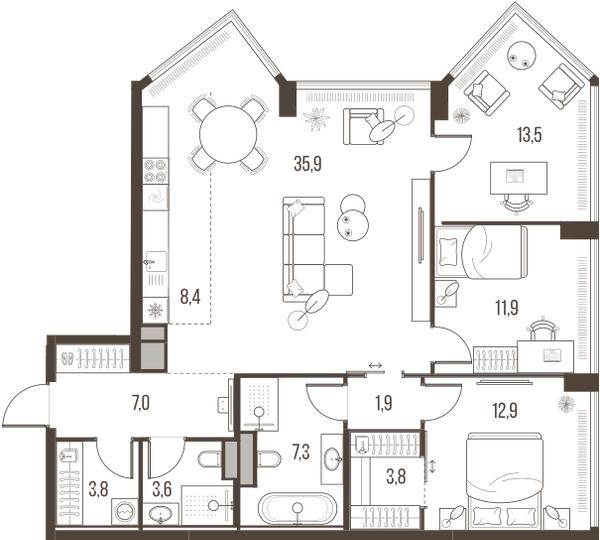 Планировка: 4-комнатная квартира, 110,0 м²