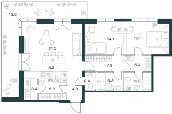 Планировка: 3-комнатная квартира, 125,9 м²