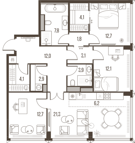 Планировка: 4-комнатная квартира, 104,7 м²
