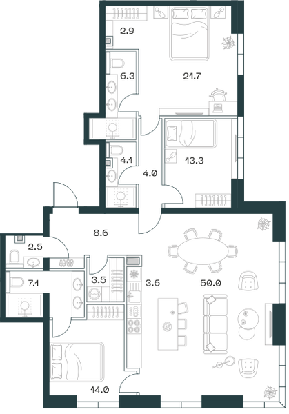 Планировка: 4-комнатная квартира, 141,8 м²