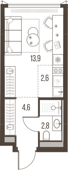 Планировка: 1-комнатная квартира, 23,9 м²
