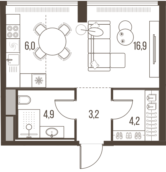 Планировка: 1-комнатная квартира, 35,2 м²