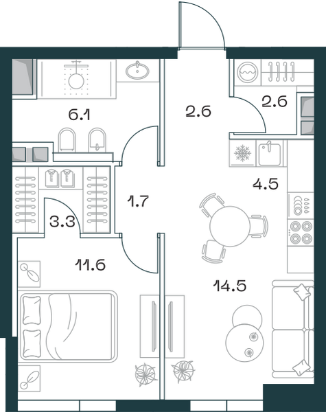 Планировка: 2-комнатная квартира, 46,9 м²