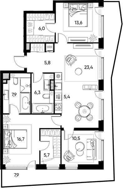 Планировка: 4-комнатная квартира, 102,4 м²