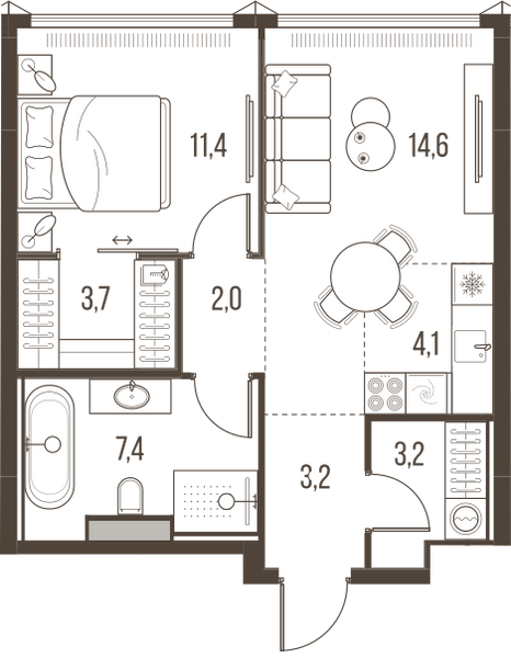 Планировка: 2-комнатная квартира, 49,6 м²