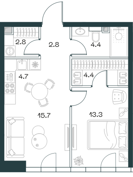 Планировка: 2-комнатная квартира, 48,1 м²