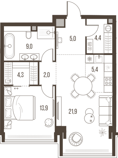 Планировка: 2-комнатная квартира, 65,9 м²
