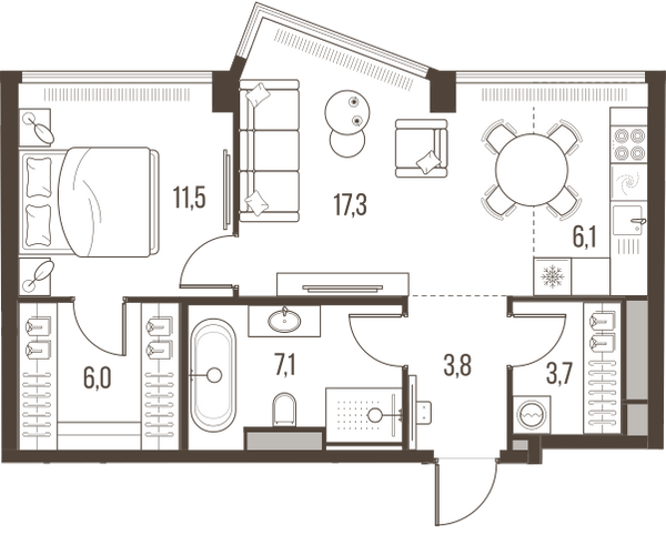 Планировка: 2-комнатная квартира, 55,5 м²