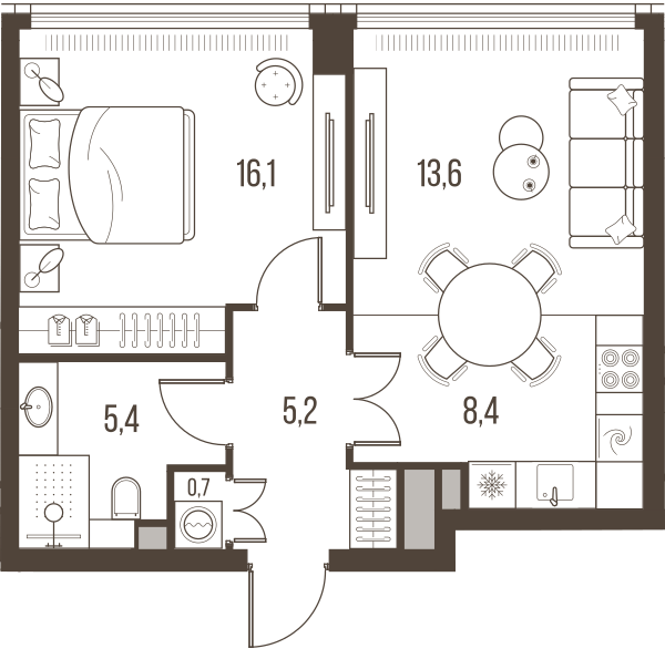 Планировка: 2-комнатная квартира, 49,4 м²
