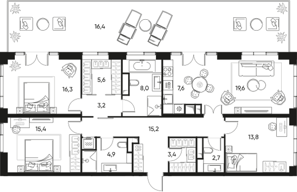 Планировка: 4-комнатная квартира, 116,0 м²