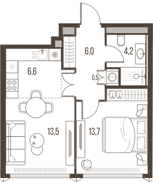 Планировка: 2-комнатная квартира, 44,5 м²