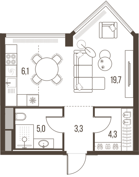Планировка: 1-комнатная квартира, 38,4 м²