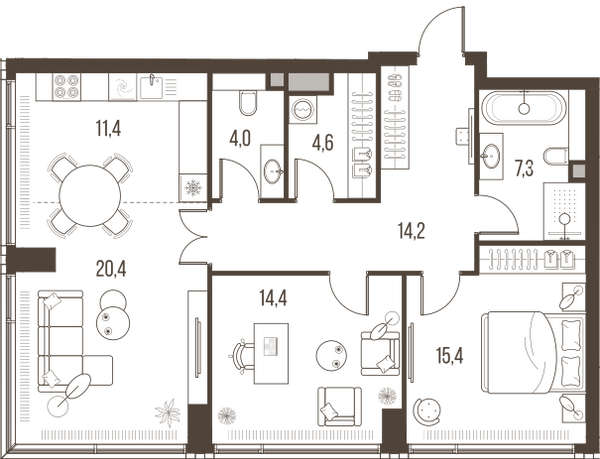 Планировка: 3-комнатная квартира, 91,7 м²