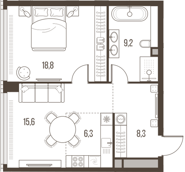 Планировка: 2-комнатная квартира, 58,2 м²