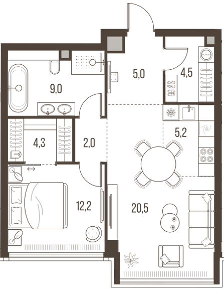 Планировка: 2-комнатная квартира, 62,7 м²