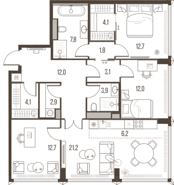 Планировка: 4-комнатная квартира, 104,5 м²