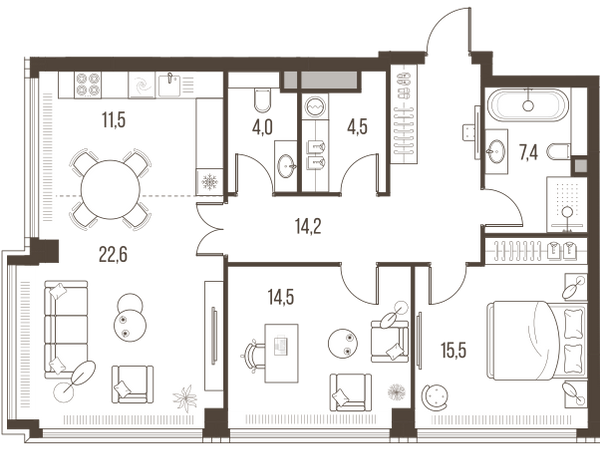 Планировка: 3-комнатная квартира, 94,2 м²