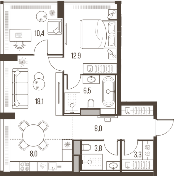 Планировка: 3-комнатная квартира, 71,1 м²