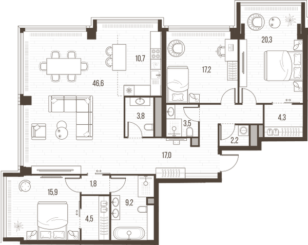 Планировка: 4-комнатная квартира, 157,0 м²