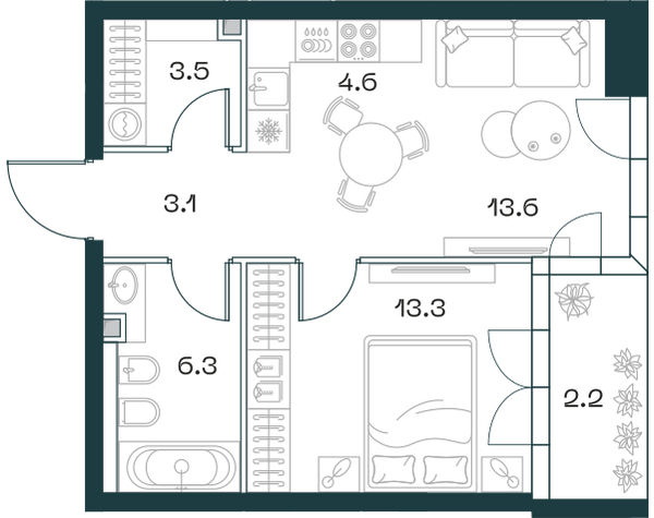 Планировка: 2-комнатная квартира, 46,6 м²