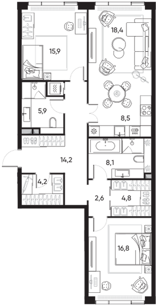 Планировка: 3-комнатная квартира, 100,0 м²