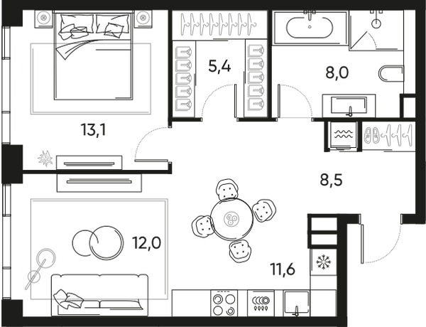 Планировка: 2-комнатная квартира, 58,8 м²