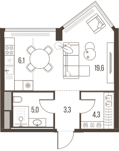 Планировка: 1-комнатная квартира, 38,3 м²