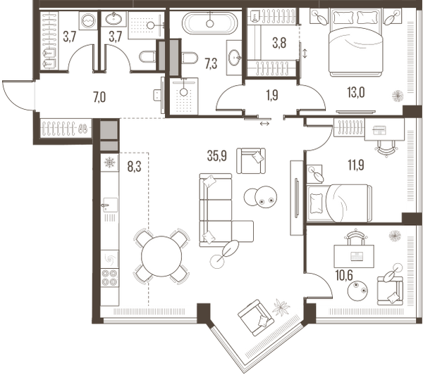 Планировка: 4-комнатная квартира, 107,1 м²