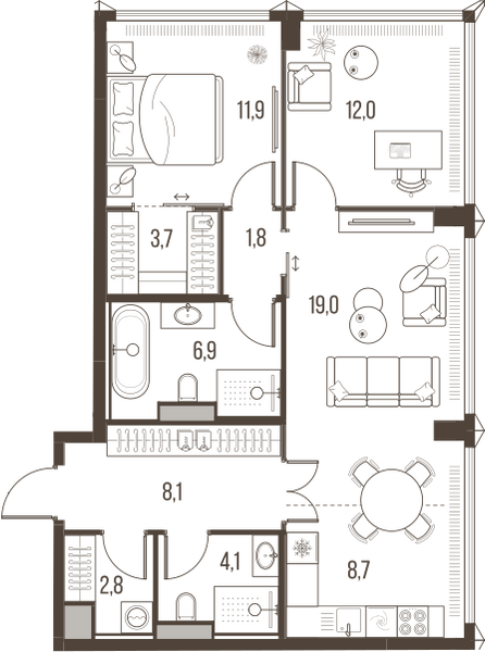 Планировка: 3-комнатная квартира, 79,0 м²