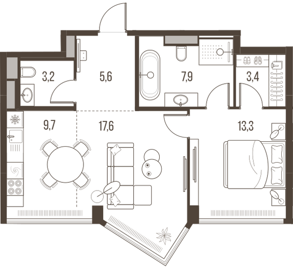 Планировка: 2-комнатная квартира, 60,7 м²