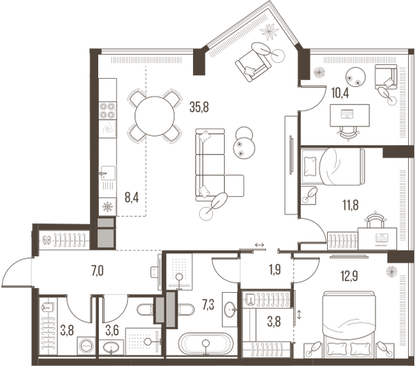Планировка: 4-комнатная квартира, 106,7 м²