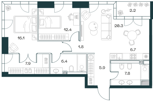 Планировка: 3-комнатная квартира, 87,9 м²