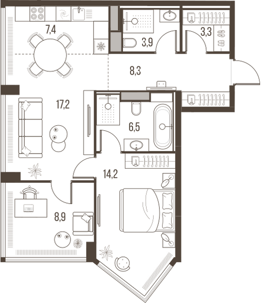 Планировка: 3-комнатная квартира, 69,7 м²